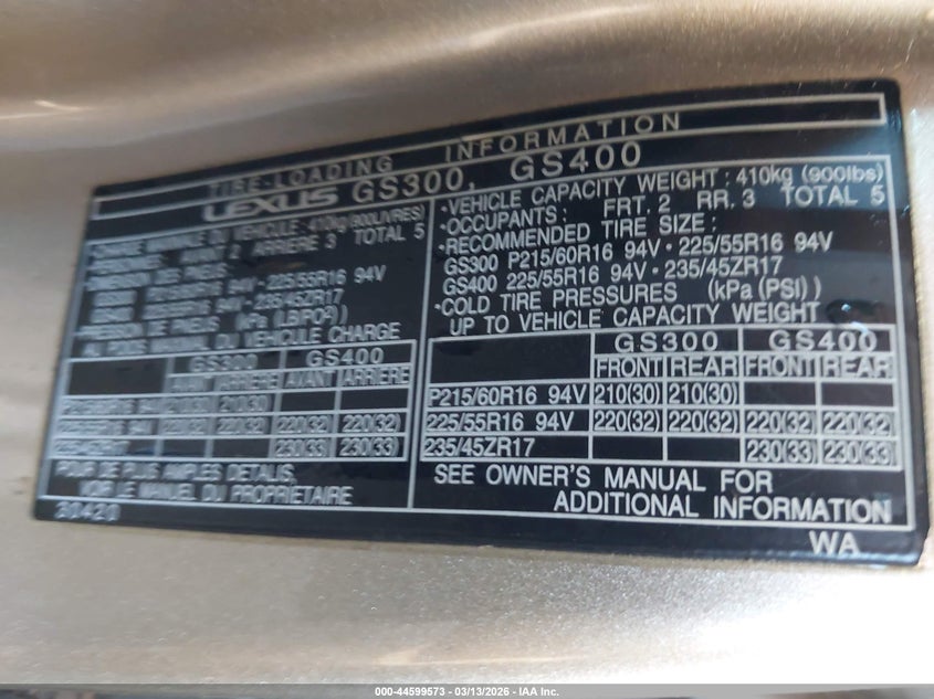 2000 Lexus Gs 300 VIN: JT8BD68S3Y0091006 Lot: 44599573