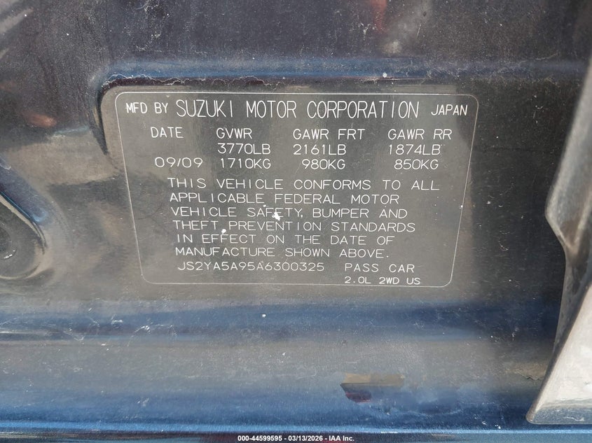 2010 Suzuki Sx4 VIN: JS2YA5A95A6300325 Lot: 44599595