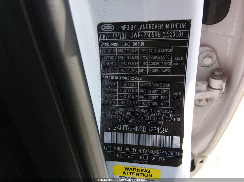 2011 Land Rover Lr2 VIN: SALFR2BN3BH231394 Lot: 44599678