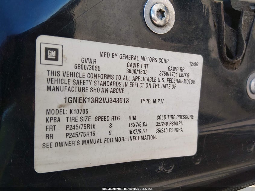 1997 Chevrolet Tahoe Ls VIN: 1GNEK13R2VJ343613 Lot: 44599706