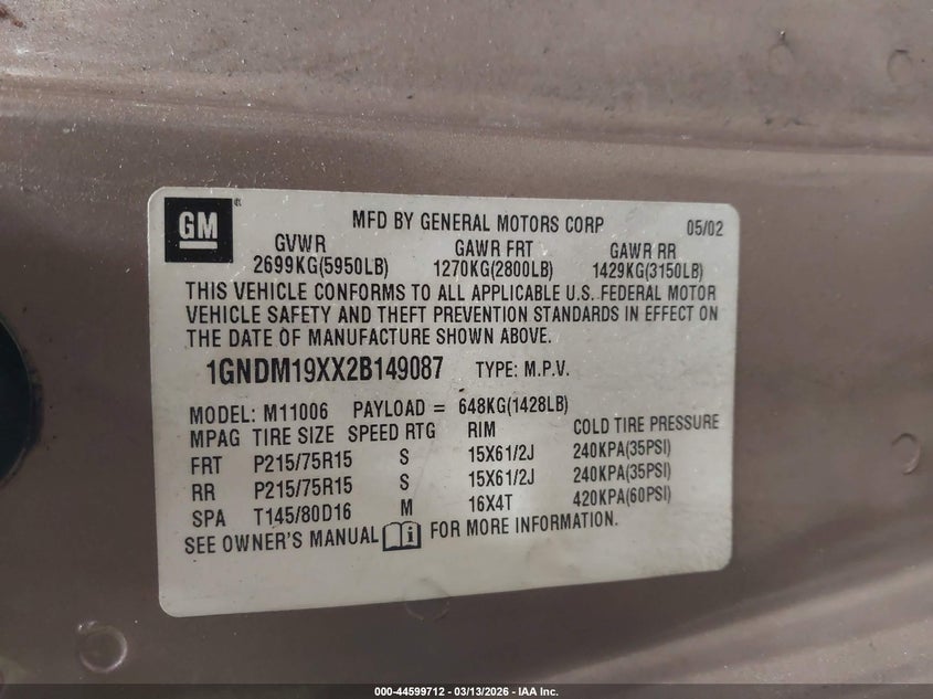 2002 Chevrolet Astro Ls VIN: 1GNDM19XX2B149087 Lot: 44599712