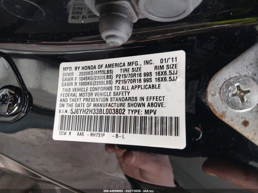 2011 Honda Element Lx VIN: 5J6YH2H33BL003802 Lot: 44599900