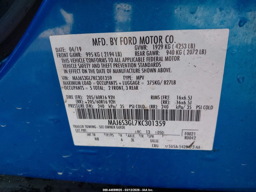 FORD ECOSPORT 2019 VIN MAJ6S3GL7KC301359