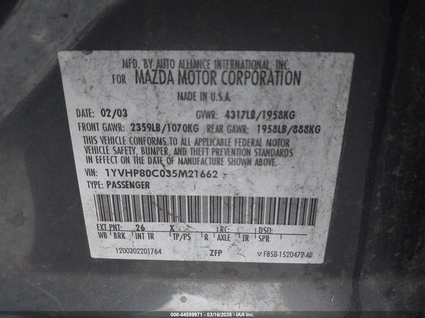 2003 Mazda Mazda6 I VIN: 1YVHP80C035M21662 Lot: 44599971