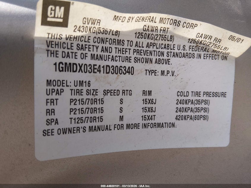 2001 Pontiac Montana M16 W/1Sd Pkg. VIN: 1GMDX03E41D306340 Lot: 44600101