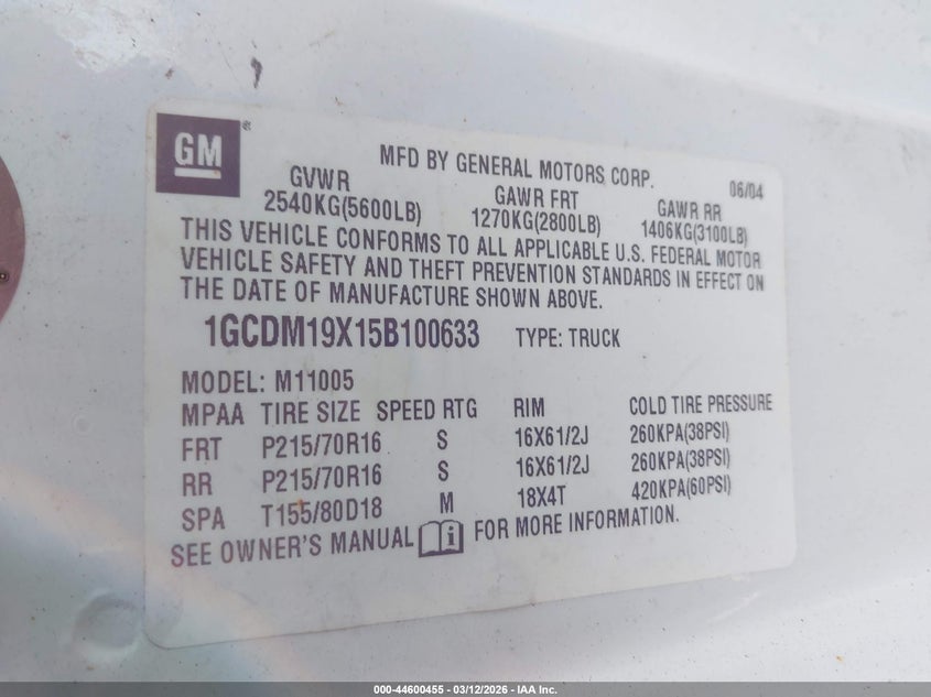 2005 Chevrolet Astro VIN: 1GCDM19X15B100633 Lot: 44600455