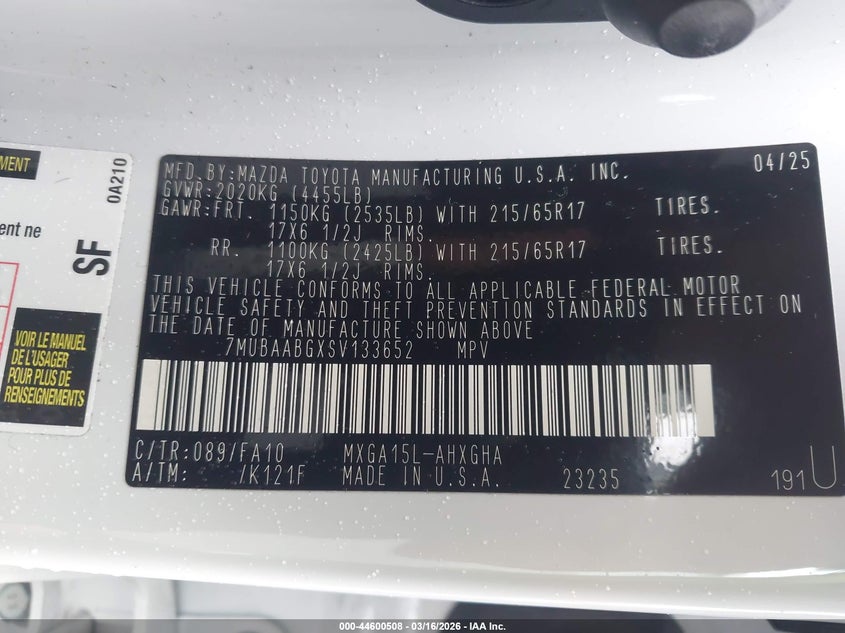 2025 Toyota Corolla Cross Le VIN: 7MUBAABGXSV133652 Lot: 44600508