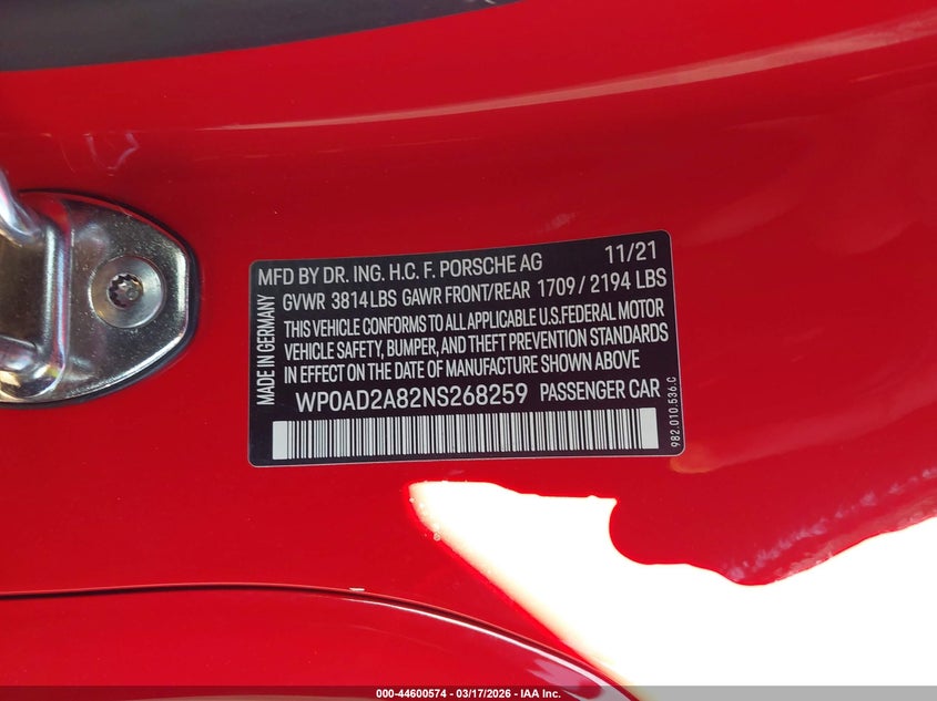 2022 Porsche 718 Cayman Gts 4.0 VIN: WP0AD2A82NS268259 Lot: 44600574