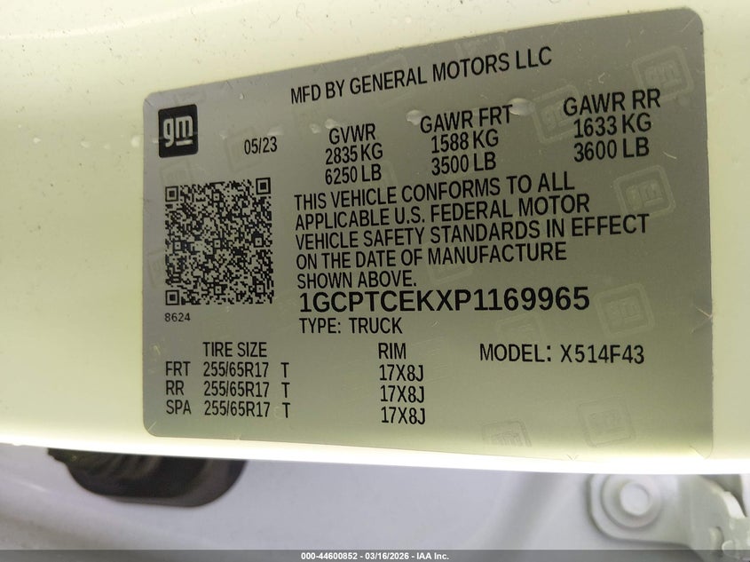 VIN 1GCPTCEKXP1169965 2023 CHEVROLET COLORADO 4WD  SHORT BOX LT