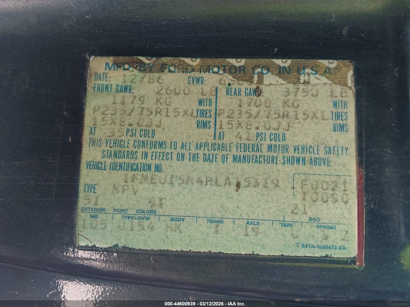 1987 Ford Bronco U100 VIN: 1FMEU15N4HLA15319 Lot: 44600939