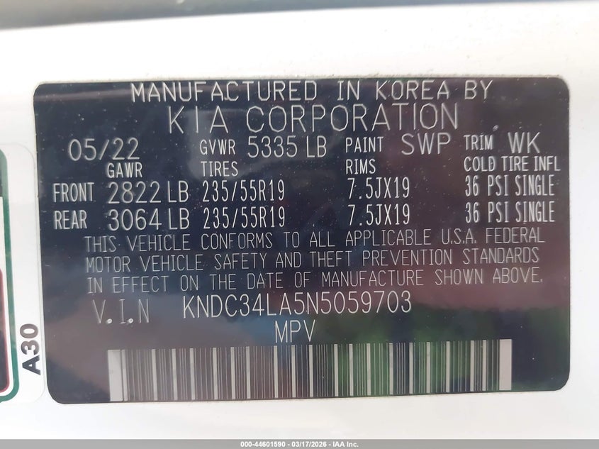 2022 Kia Ev6 Wind VIN: KNDC34LA5N5059703 Lot: 44601590