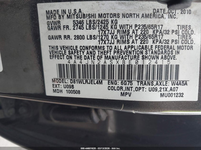 2011 Mitsubishi Endeavor VIN: 4A4JN2ASXBE012415 Lot: 44601628