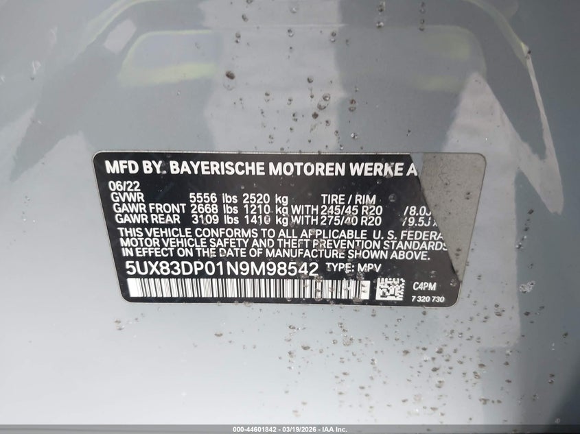 2022 BMW X3 M40I VIN: 5UX83DP01N9M98542 Lot: 44601842