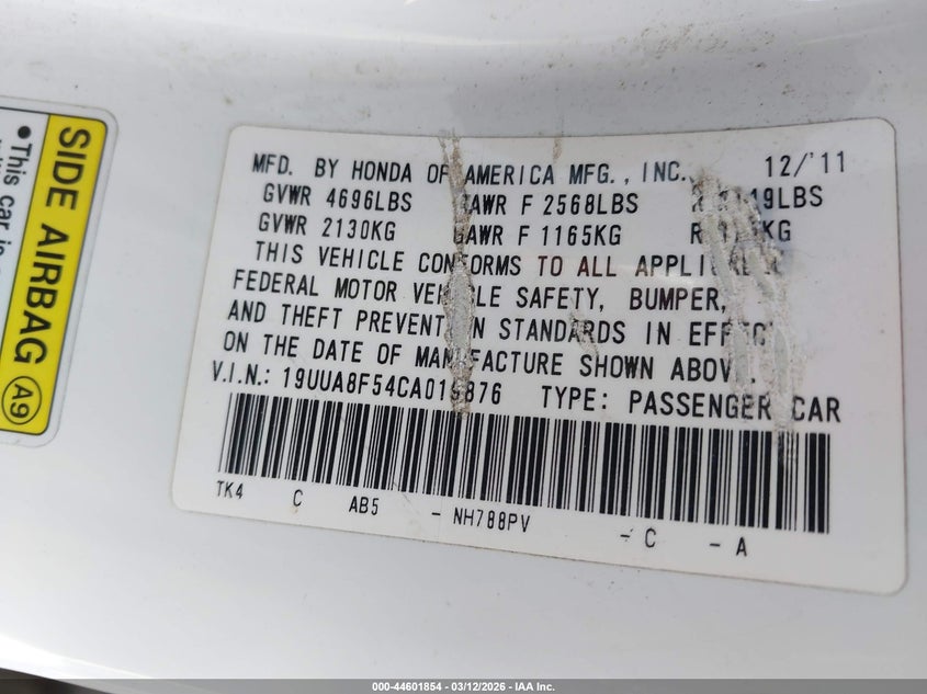 2012 Acura Tl 3.5 white Lot 111044601854 Vin 19UUA8F54CA019876