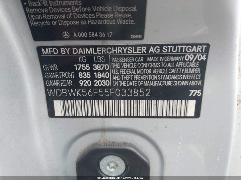 2005 Mercedes-Benz Slk 350 VIN: WDBWK56F55F033852 Lot: 44602046