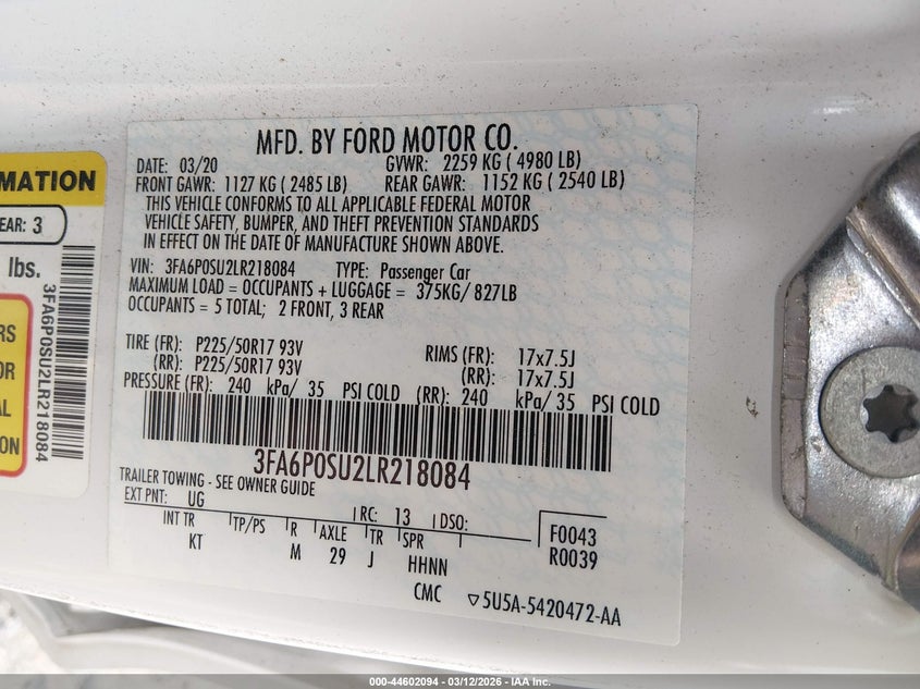 2020 FORD FUSION SEDAN 2.0L I-4 DOHC, VVT, 141HP