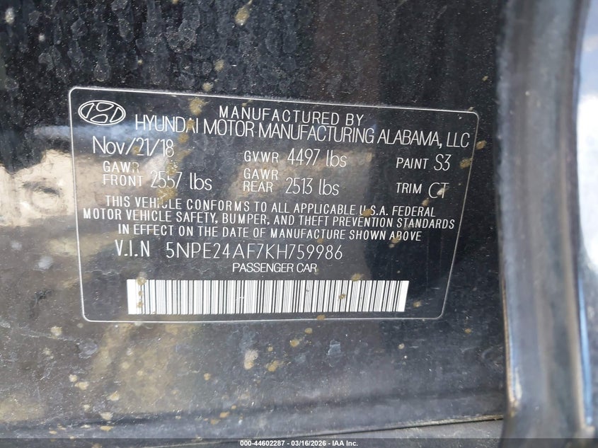 VIN 5NPE24AF7KH759986 2019 HYUNDAI SONATA SE