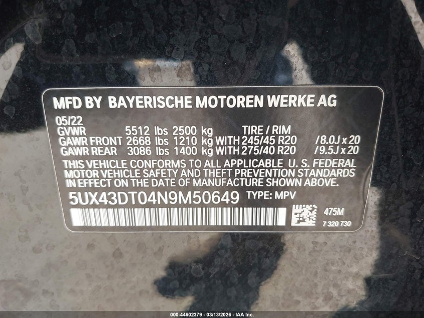 VIN 5UX43DT04N9M50649 2022 BMW X4 M40I