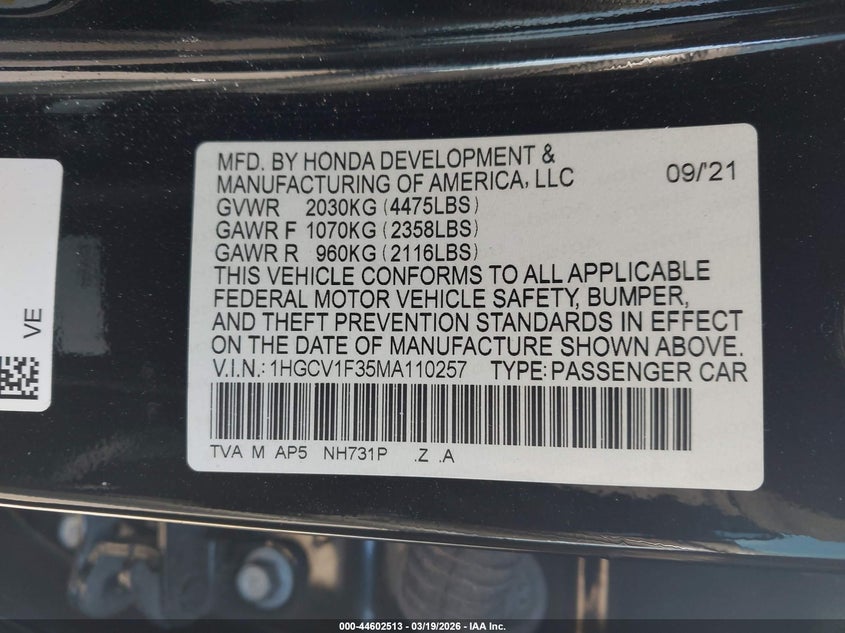 2021 HONDA ACCORD 1.5L I-4 DI, DOHC, V(VIN: 1HGCV1F35MA110257