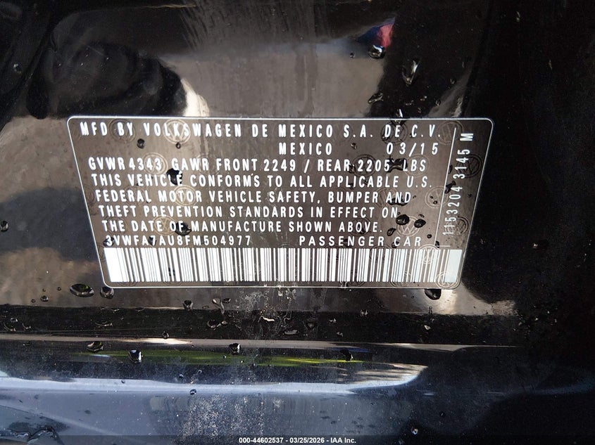 2015 Volkswagen Golf Sportwagen Tdi S 4-Door VIN: 3VWFA7AU8FM504977 Lot: 44602537