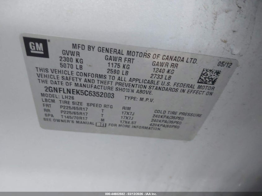 2012 Chevrolet Equinox 2.4 2Lt silver Lot 111044602582 Vin 2GNFLNEK5C6352003