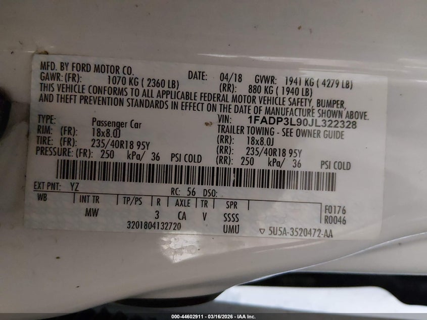 2018 Ford Focus St VIN: 1FADP3L90JL322328 Lot: 44602911