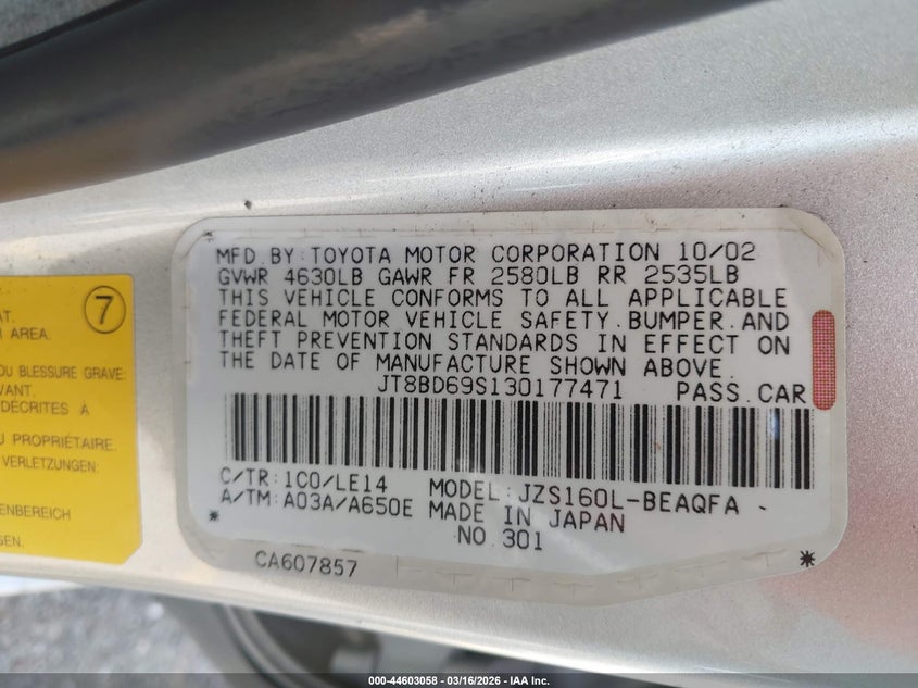 2003 Lexus Gs 300 VIN: JT8BD69S130177471 Lot: 44603058