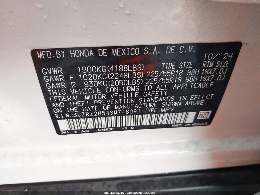VIN 3CZRZ2H54SM748091 2025 HONDA HR-V AWD SPORT
