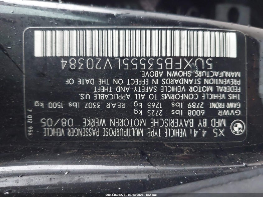 2005 BMW X5 4.4I VIN: 5UXFB53555LV20384 Lot: 44603276
