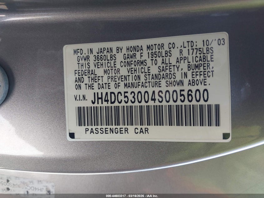 2004 Acura Rsx Type S VIN: JH4DC53004S005600 Lot: 44603317