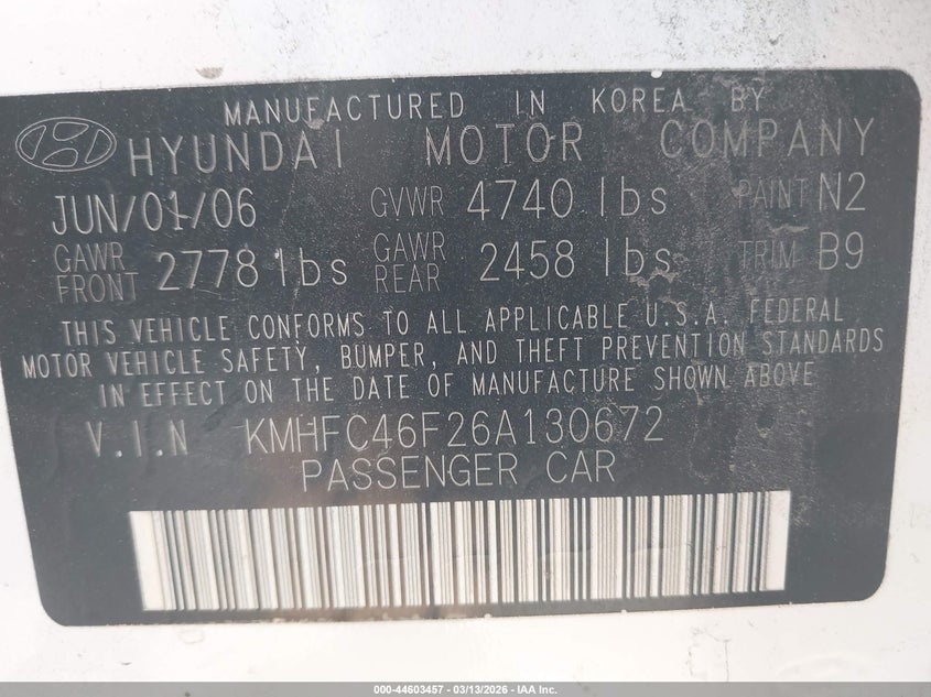 2006 Hyundai Azera Limited/Se VIN: KMHFC46F26A130672 Lot: 44603457