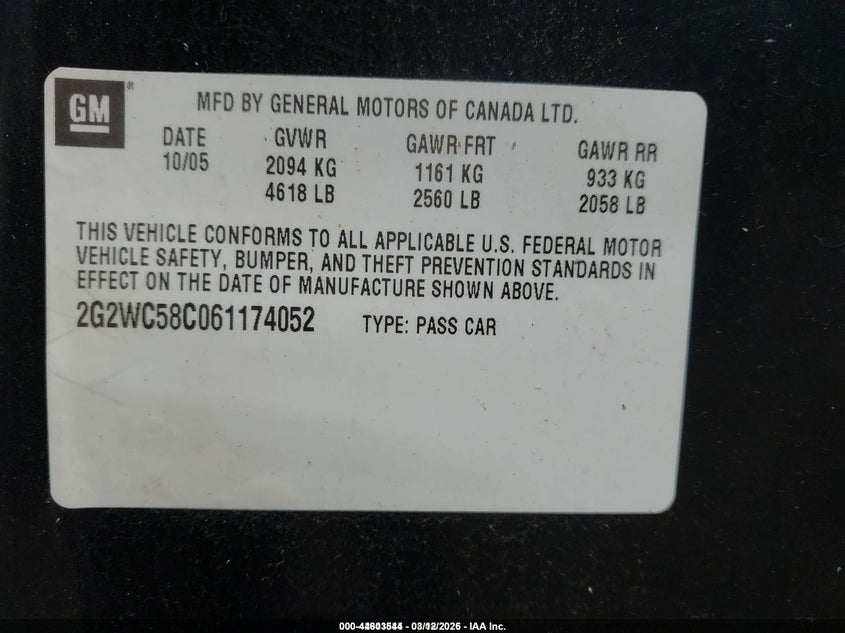 2006 Pontiac Grand Prix Gxp VIN: 2G2WC58CZ61174052 Lot: 44603544