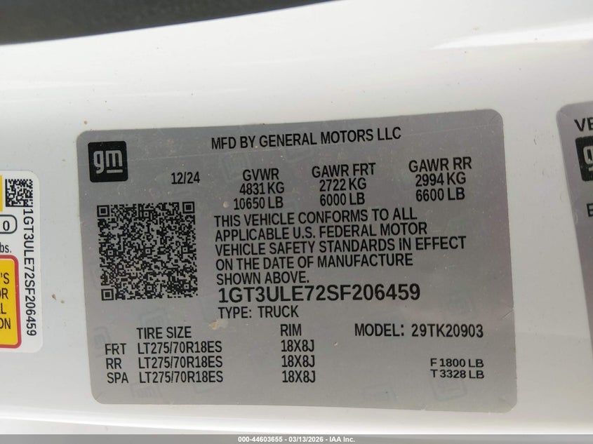 2025 Gmc SIERRA 2500Hd 4Wd Long Bed Pro white Lot 111044603655 Vin 1GT3ULE72SF206459