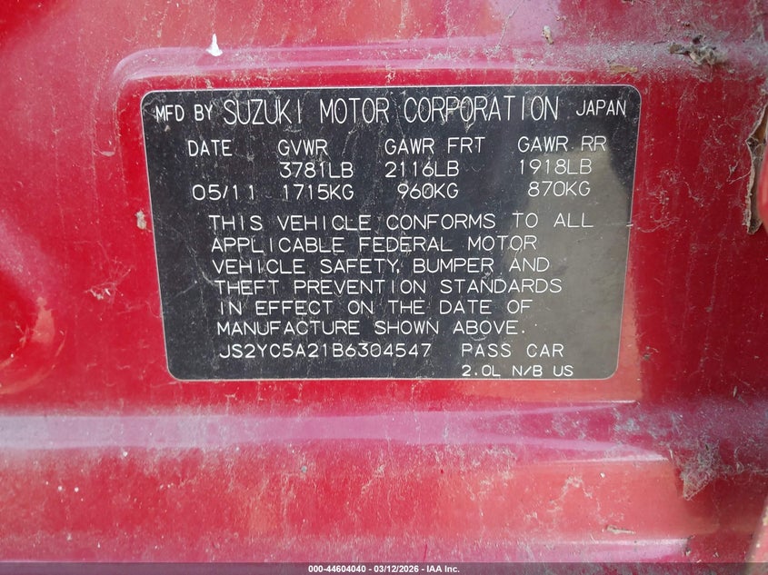 2011 Suzuki Sx4 Le/Le Anniversary Edition VIN: JS2YC5A21B6304547 Lot: 44604040