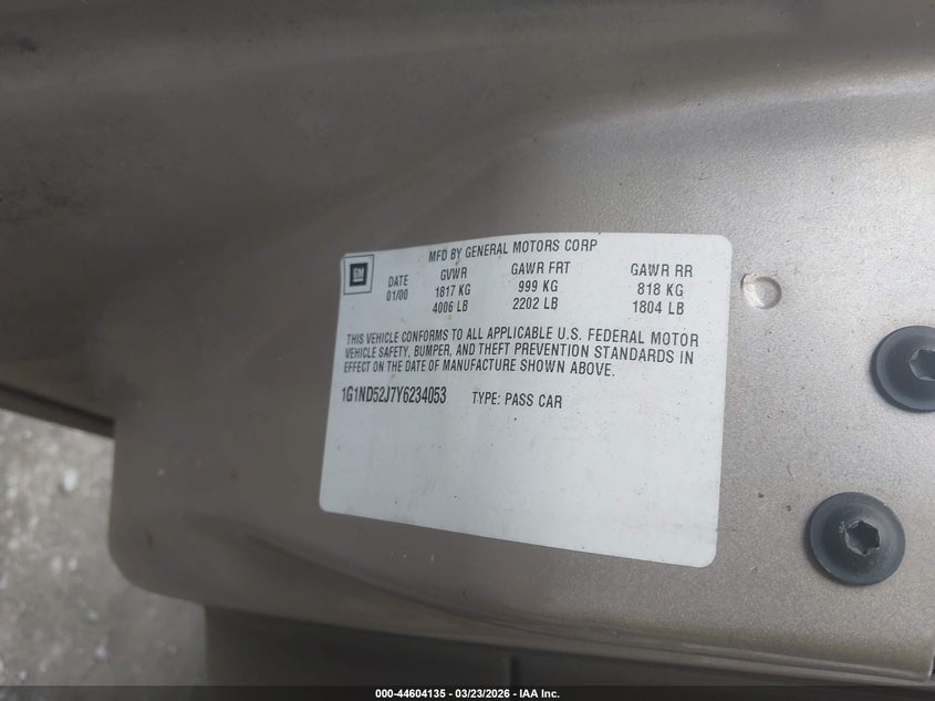 2000 Chevrolet Malibu VIN: 1G1ND52J7Y6234053 Lot: 44604135