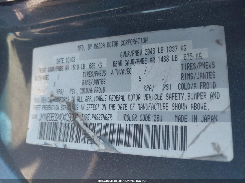 2004 Mazda Mx-5 Miata Cloth VIN: JM1NB353240403021 Lot: 44604313
