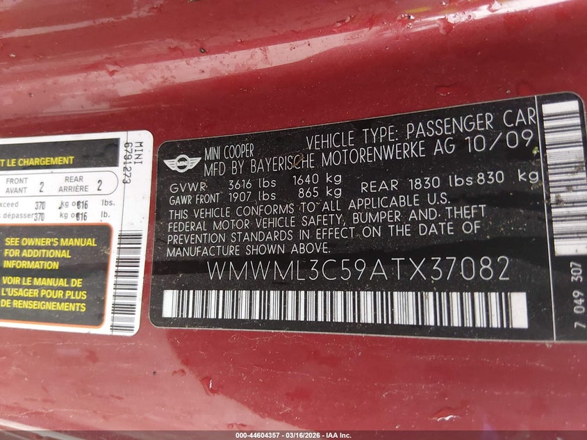 2010 Mini Cooper Clubman VIN: WMWML3C59ATX37082 Lot: 44604357