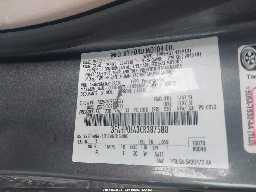 2012 Ford Fusion 2.5 Sel grey Lot 111044604534 Vin 3FAHP0JA3CR387580