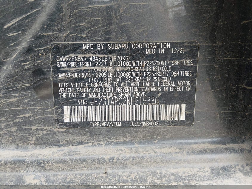 2022 SUBARU CROSSTREK 2.0L H-4 DI, DOHC, V(VIN: JF2GTAPC2NH215336