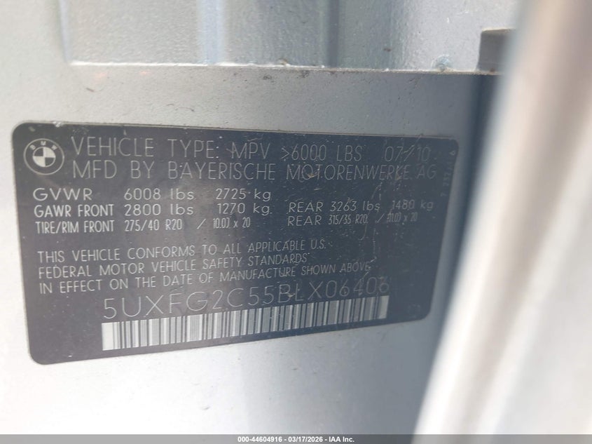 2011 BMW X6 xDrive35I VIN: 5UXFG2C55BLX06406 Lot: 44604916