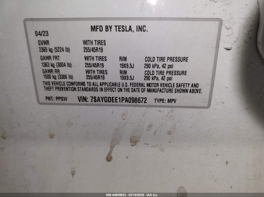 2023 TESLA MODEL Y ELECTRIC(VIN: 7SAYGDEE1PA098672