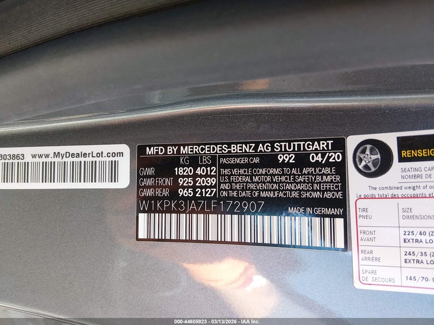 2020 Mercedes-Benz Slc 300 VIN: W1KPK3JA7LF172907 Lot: 44605923