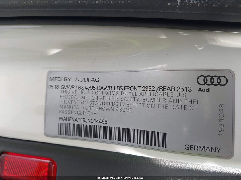 2018 AUDI A4 SEDAN 2.0L I-4 DI, DOHC, VVT, TURBO, 252HP