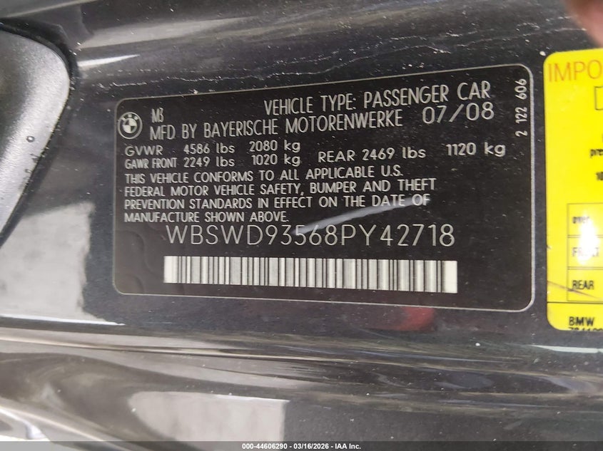 2008 BMW M3 VIN: WBSWD93568PY42718 Lot: 44606290