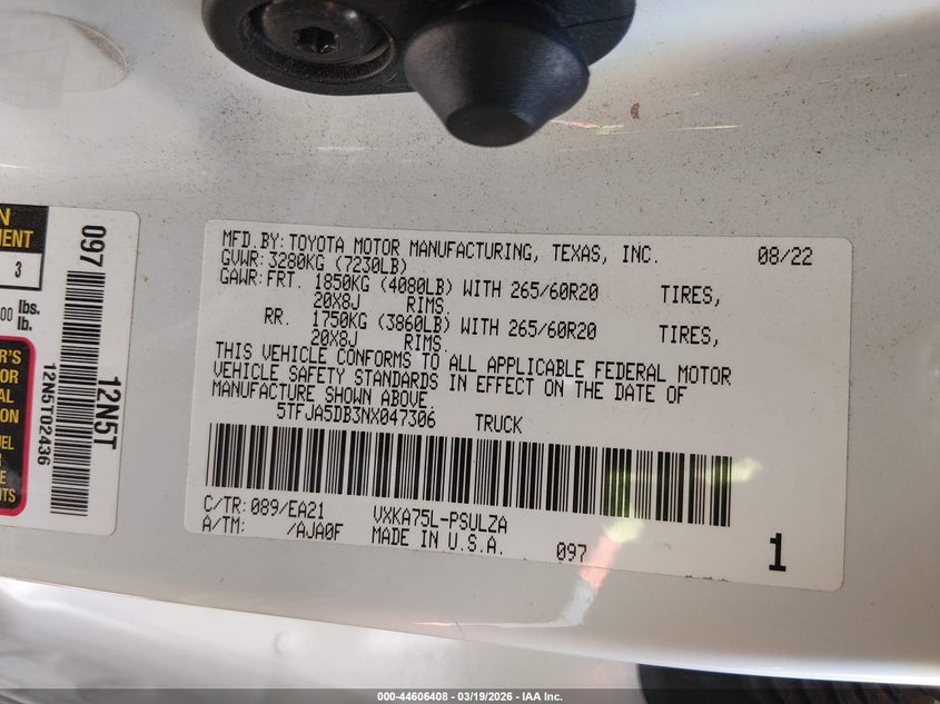 2022 Toyota Tundra Limited VIN: 5TFJA5DB3NX047306 Lot: 44606408