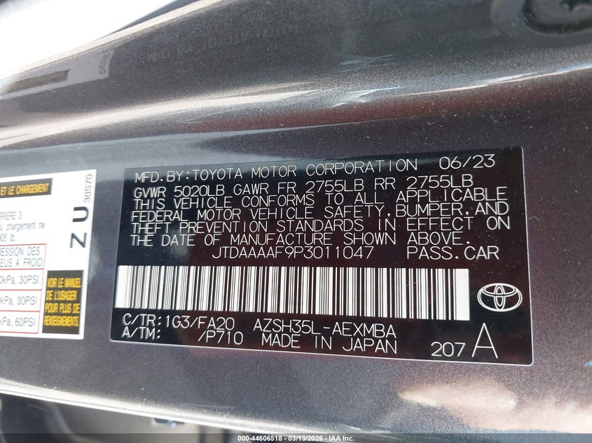 2023 Toyota Crown Xle VIN: JTDAAAAF9P3011047 Lot: 44606518