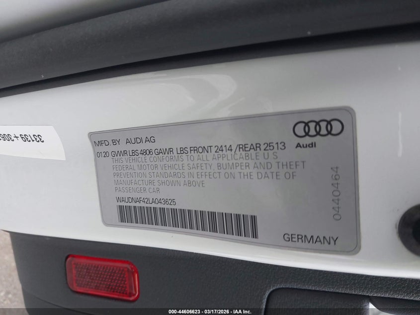 2020 Audi A4 Premium 45 Tfsi Quattro S Tronic VIN: WAUDNAF42LA043625 Lot: 44606623