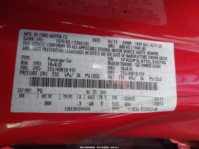 2013 Ford Focus St VIN: 1FADP3L97DL330768 Lot: 44606896