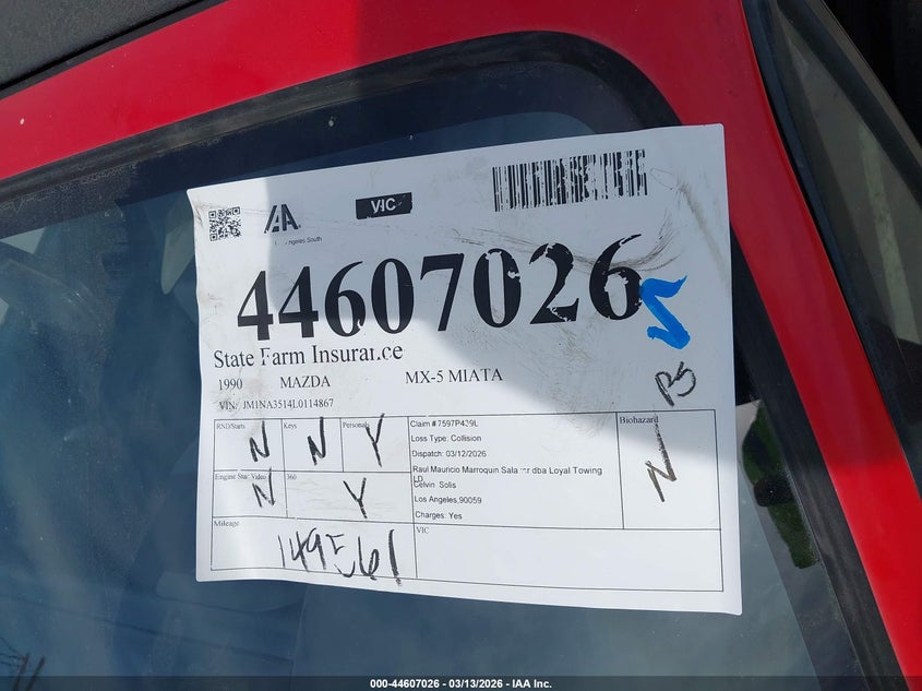 1990 Mazda Mx-5 Miata VIN: JM1NA3514L0114867 Lot: 44607026