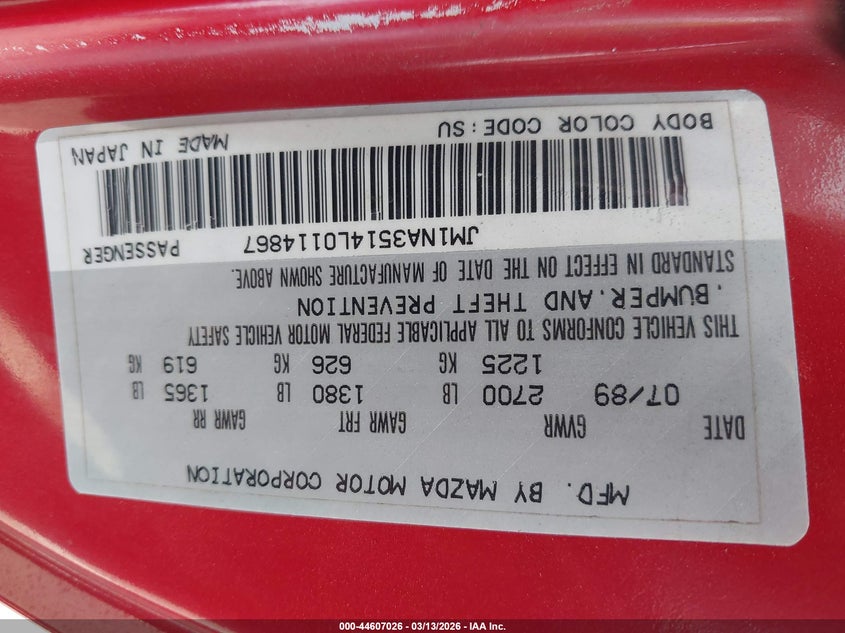 1990 Mazda Mx-5 Miata VIN: JM1NA3514L0114867 Lot: 44607026